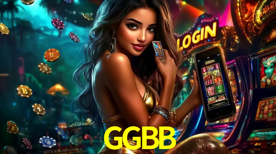 Mulher em um cenário de cassino temático de aventura, mostrando o app de caça-níqueis da GGBB no celular. Fichas de apostas flutuam ao redor.