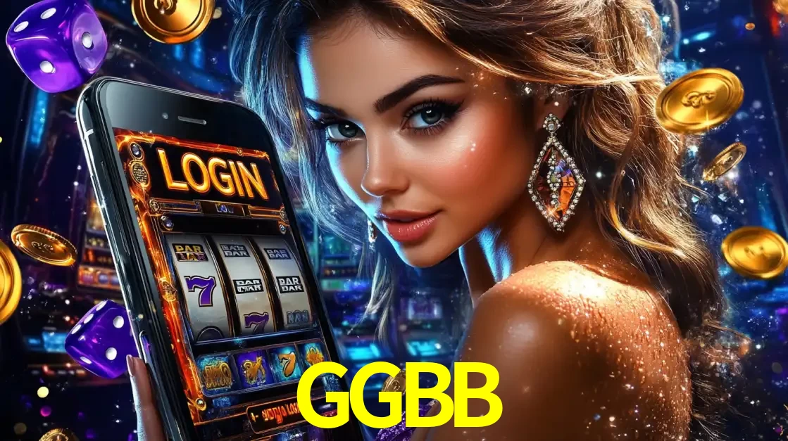 Mulher glamorosa segurando um smartphone com a tela de login para os jogos de caça-níqueis do cassino online GGBB, com moedas de ouro e dados ao redor.