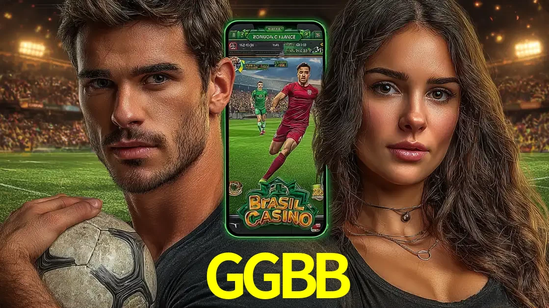 Homem segurando uma bola de futebol e uma mulher ao lado de um smartphone exibindo o jogo de apostas esportivas da GGBB. Faça seu palpite no cassino online.